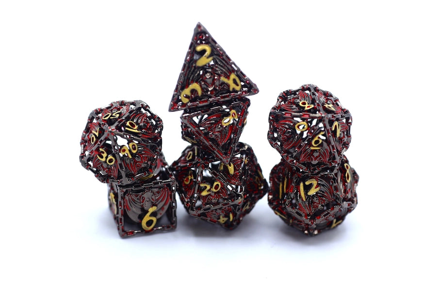 Hollow Metal Bat Polyhedral Dice Set - Gunmetal and Red