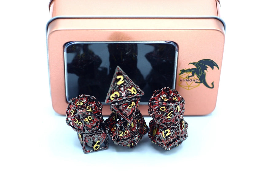 Hollow Metal Bat Polyhedral Dice Set - Gunmetal and Red