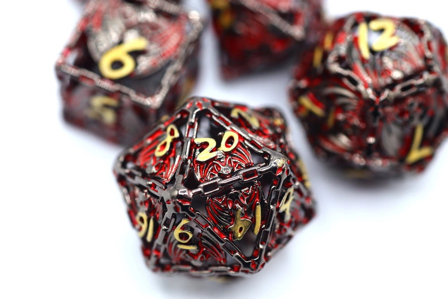 Hollow Metal Bat Polyhedral Dice Set - Gunmetal and Red