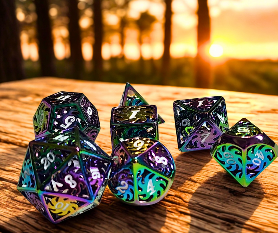 Polychromatic Pinwheels Hollow Metal Polyhederal Dice Set