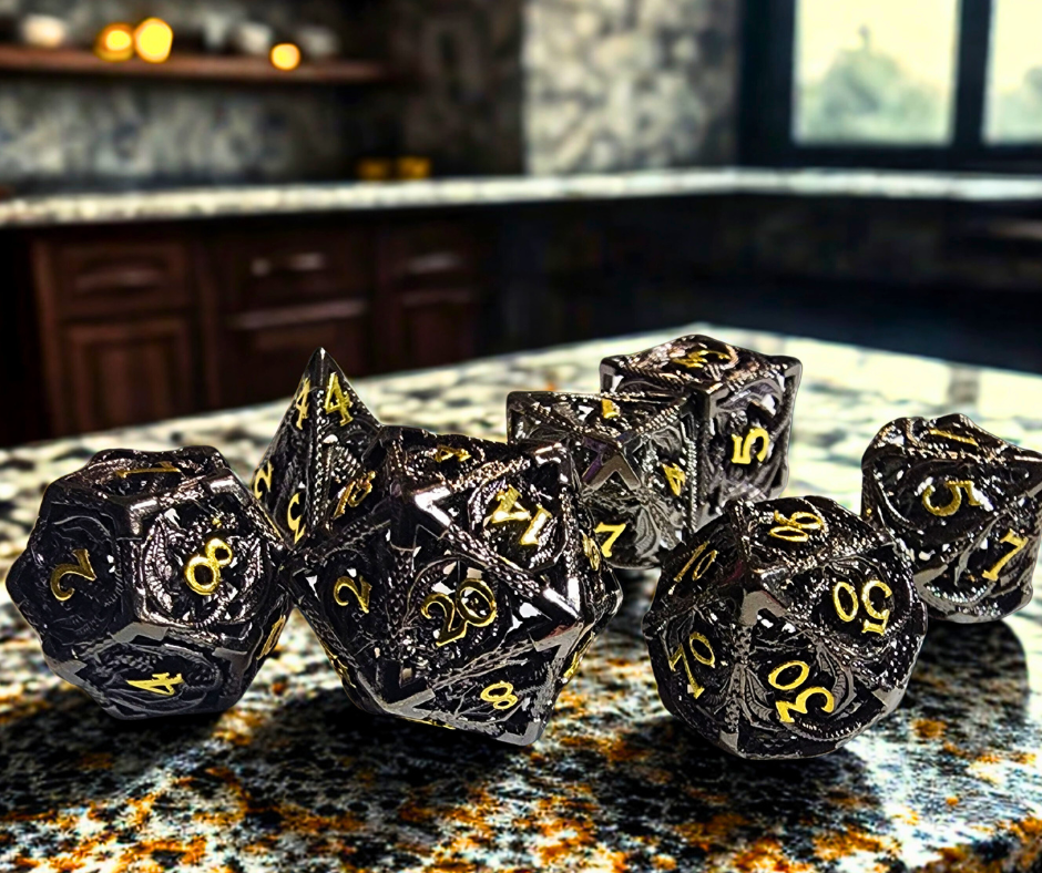 Burnished Justice Hollow Metal Polyhederal Dice Set