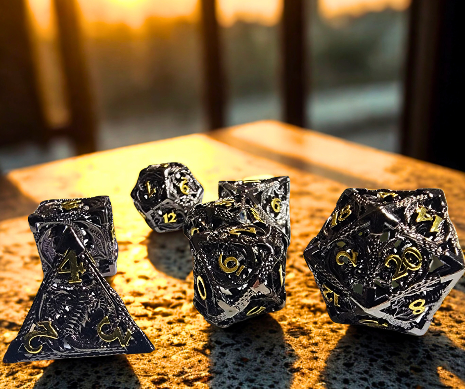 Burnished Justice Hollow Metal Polyhederal Dice Set