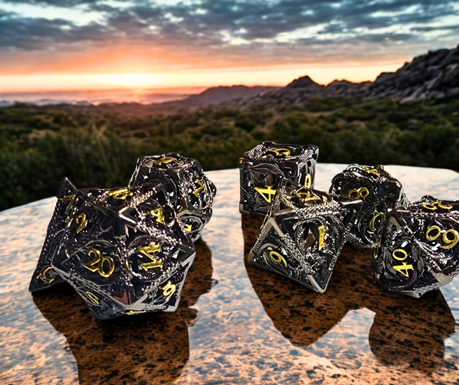 Burnished Justice Hollow Metal Polyhederal Dice Set