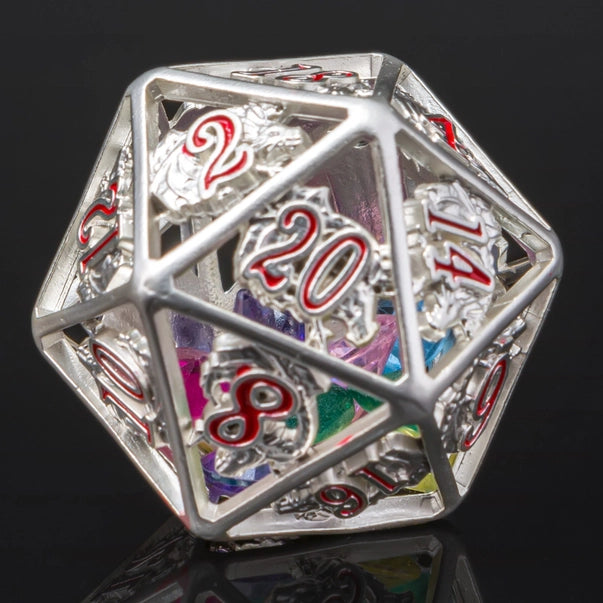 Hollow Dragon Polyhedral Dice Set Filled with Gems - Silver