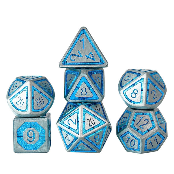 Silver with Blue Chrome Inlay Leyline Solid Metal Dice Set