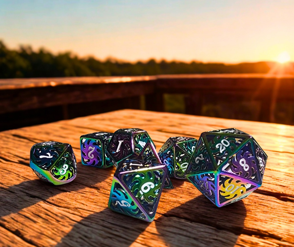 Polychromatic Pinwheels Hollow Metal Polyhederal Dice Set