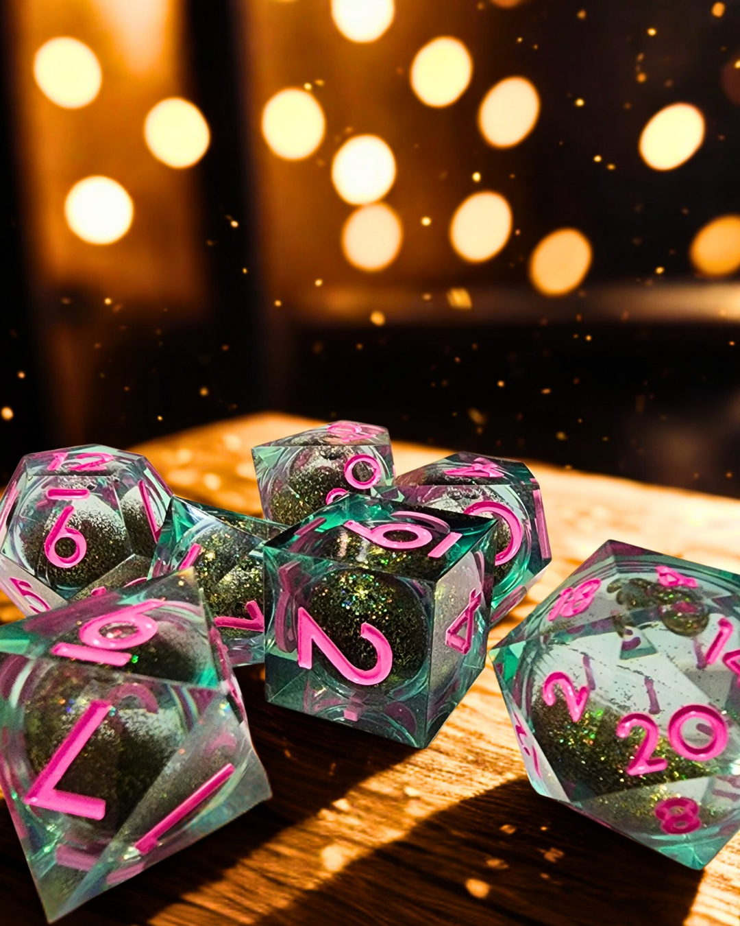 Glitter Bomb Liquid Core Polyhedral Dice Set