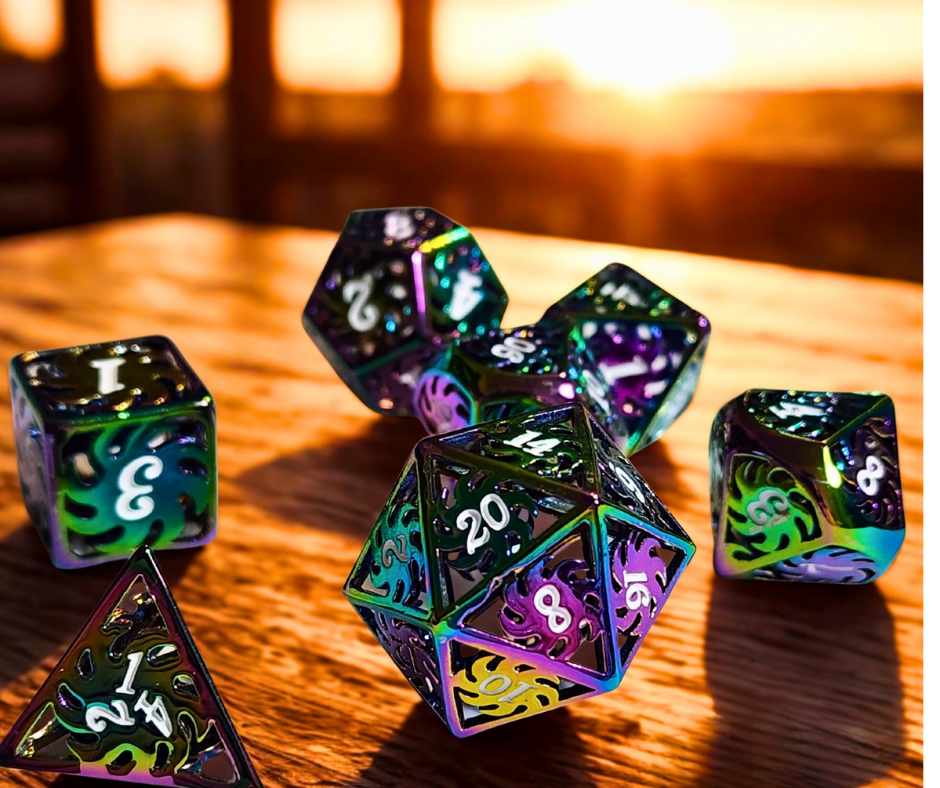 Polychromatic Pinwheels Hollow Metal Polyhederal Dice Set