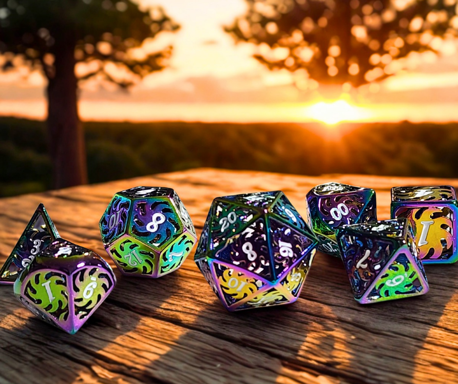 Polychromatic Pinwheels Hollow Metal Polyhederal Dice Set